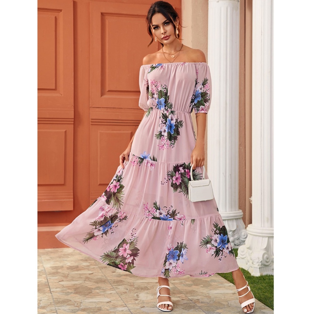 Off Shoulder Pink Floral Maxi Dress